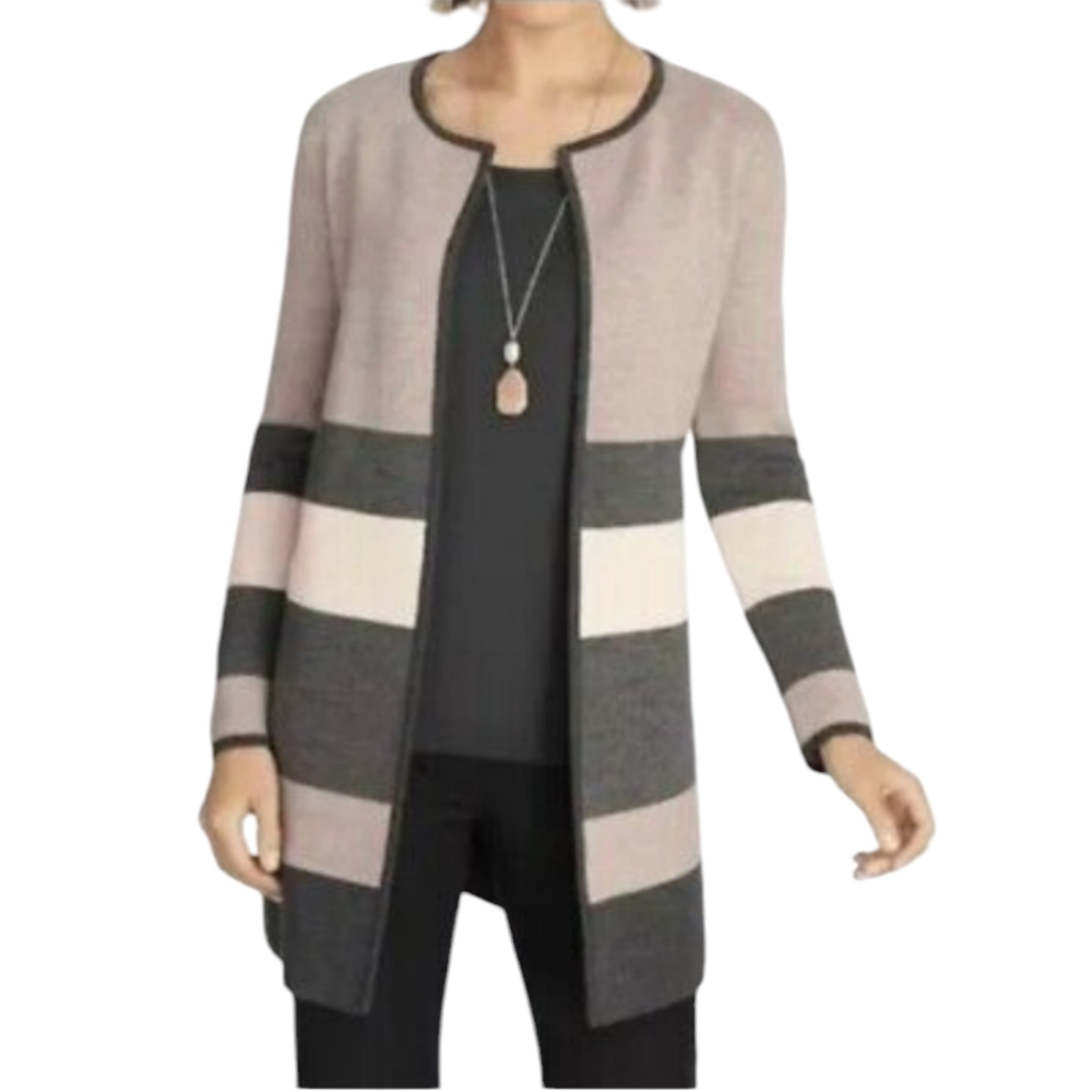 Talbots Cardigan Duster 100% Merino Wool Open Front Striped Gray/Tan Women's  MP